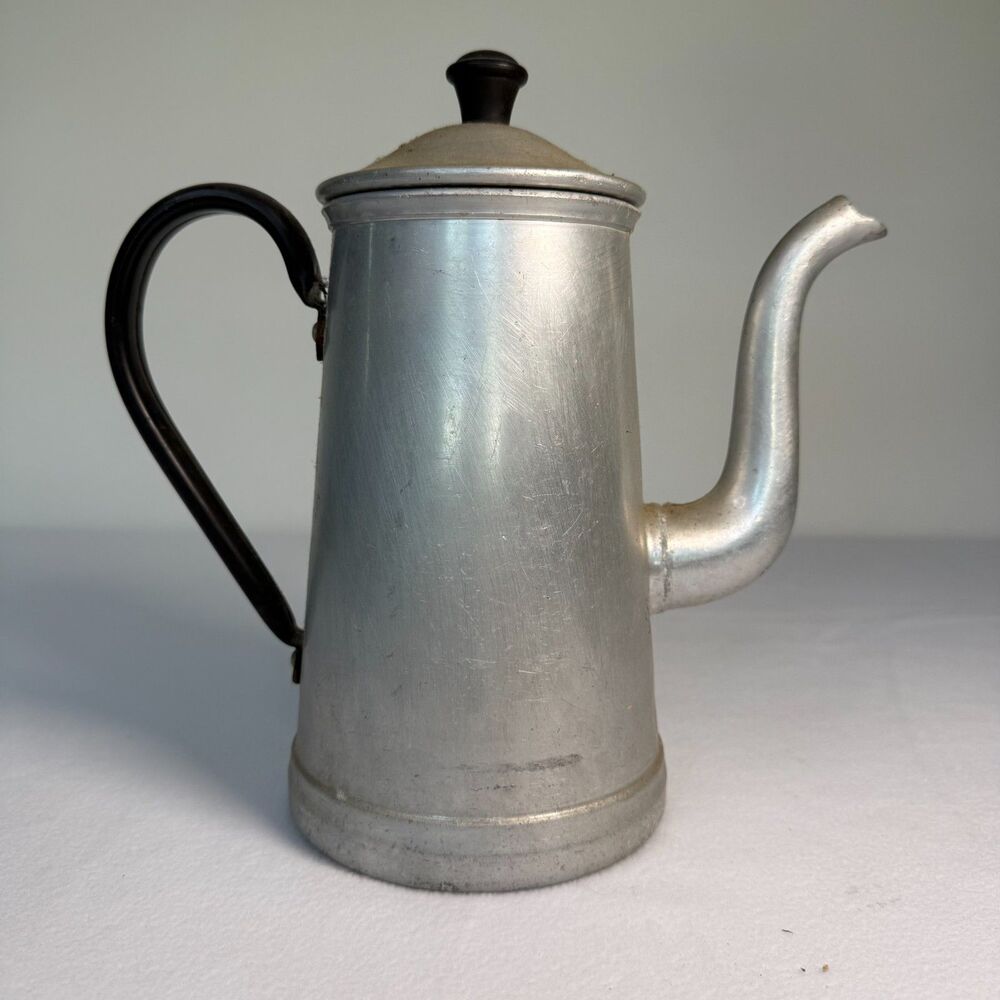 Vintage Aluminum Gooseneck Coffee Pot Black Handle Rustic Farmhouse Decor